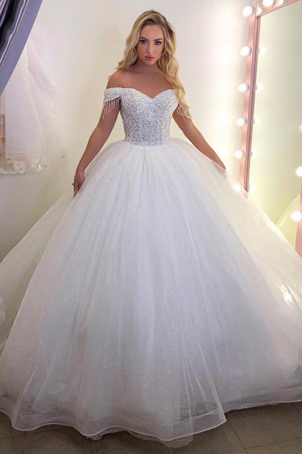 Bmbride Luxurious Long Princess Off-the-Shoulder Tulle Wedding Gown