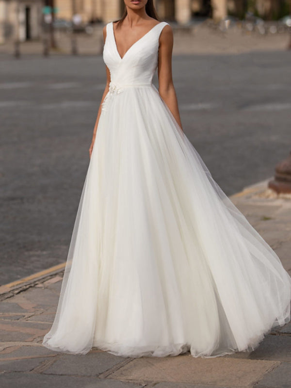 Bmbride V Neck Ball Gown Wedding Dresses - Floor Length Tulle Sleeveless Country Plus Size