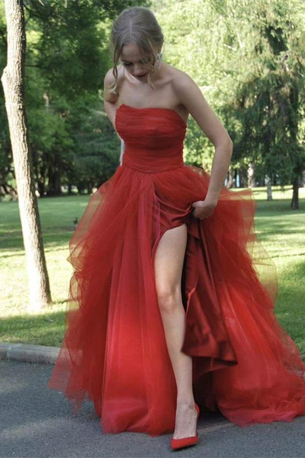 Strapless Split Tulle Long Prom Dress