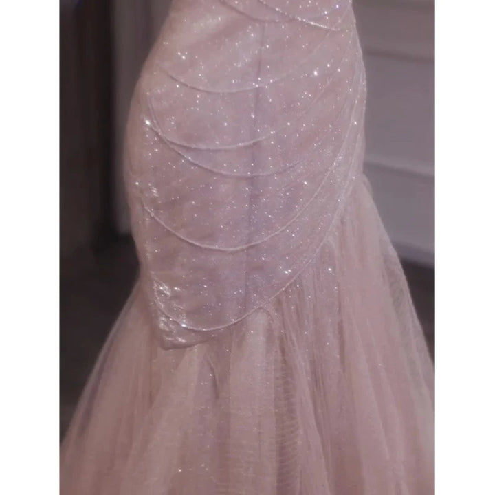 Light Pink Tulle Prom Dress with Spaghetti Strap and Sleeveless Design