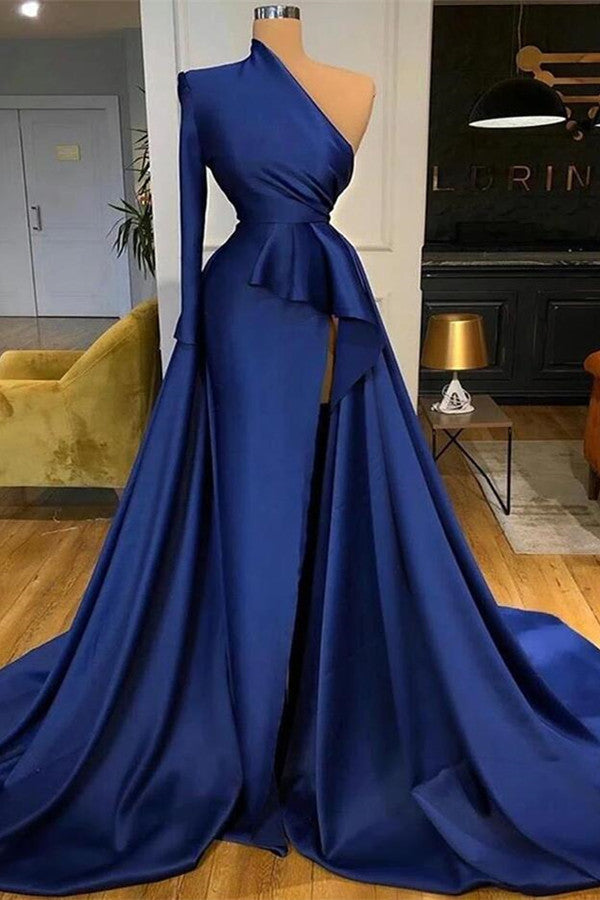 Dark Blue Mermaid Long Prom Dress with Long Sleeves and Split