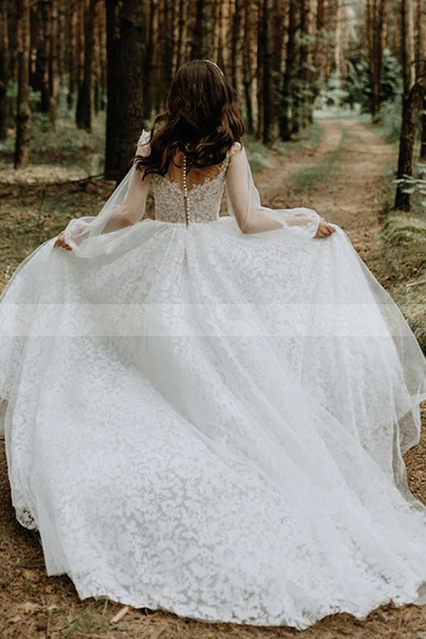 Bmbride Stunning A-line Tulle Long Sleeve Lace Wedding Dress