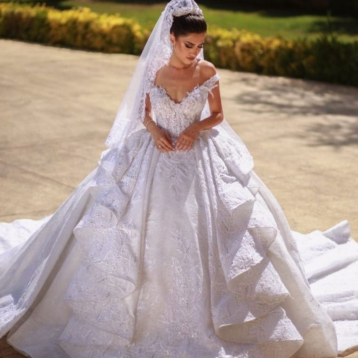 Bmbride Long Ball Gown Off-the-shoulder Lace Wedding Dress