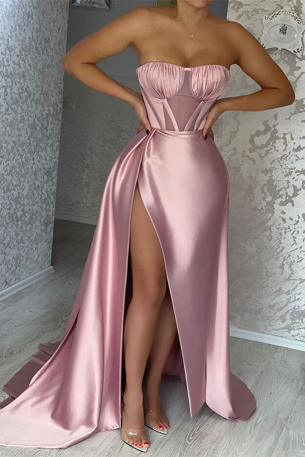 Pink Strapless Mermaid Prom Dress with Pleats Ruffles and Slit