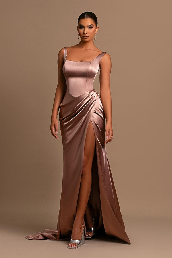 Lotus Root Pink Evening Dress Ball Gown with Wide Shoulder Straps Square Neckline and Pleated Slit