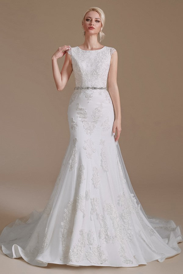 Bmbride Exquisite Long Mermaid Jewel Tulle Lace Wedding Dress