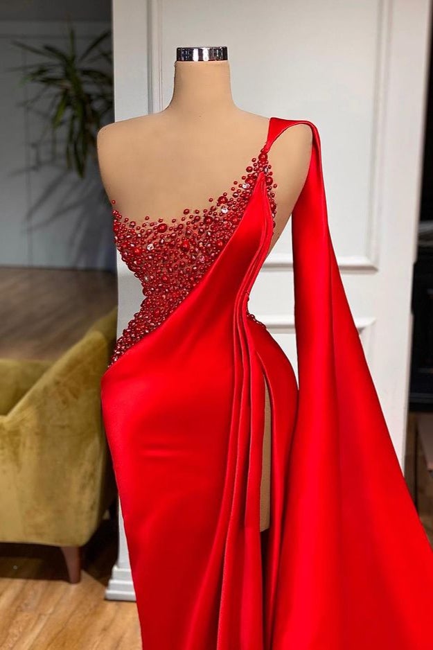 Mermaid Prom Dress with Red Ruffles Split and Beading