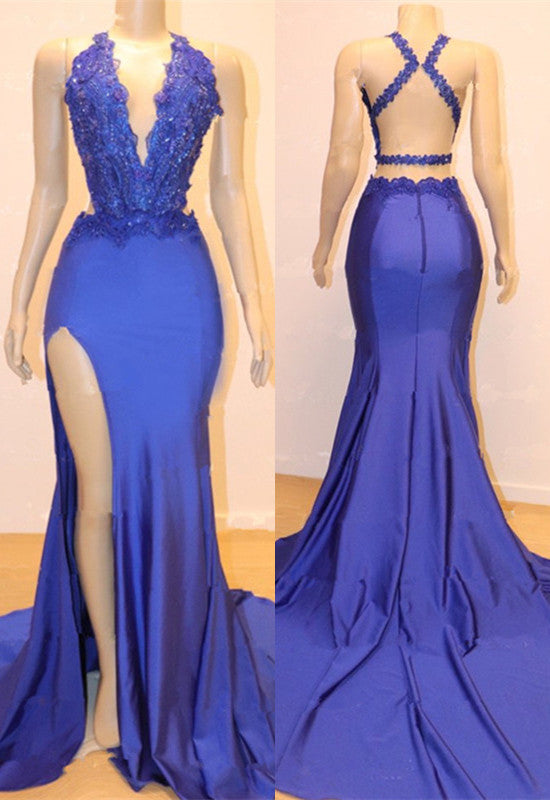 Halter Mermaid Prom Dress in Blue with Split and Lace Appliques