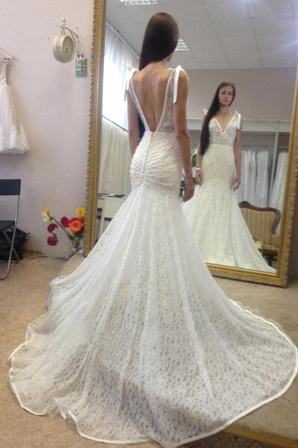 Bmbride Sleeveless Mermaid Gown with Deep V Back Long Lace Wedding Dress