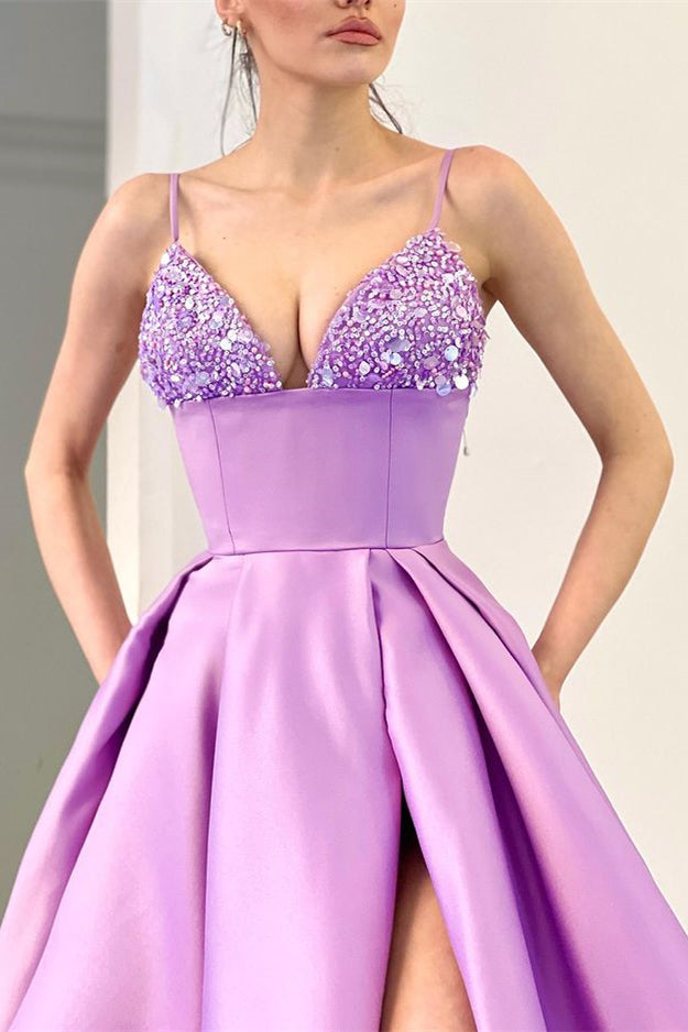 Sequins Evening Dress A Line Lavender Spaghetti-Straps With Split