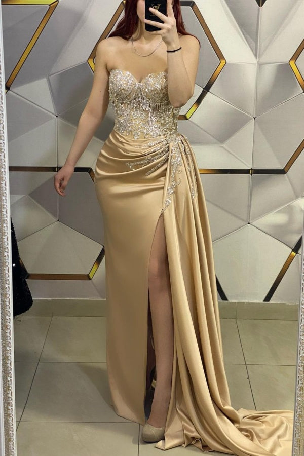 Sleeveless Prom Dress V-Neck with Sequin Appliques - Gold