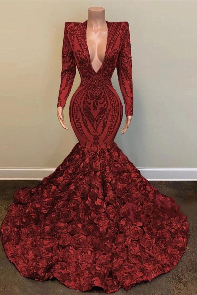 Red Wine V-Neck Long Sleeves Sequins Lace Mermaid Prom Dress with Floral Bottom