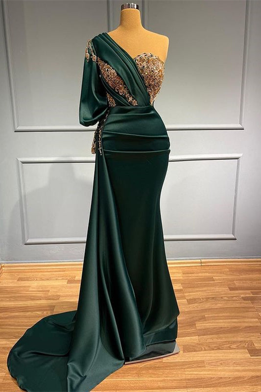 Dark Green One-Shoulder Mermaid Prom Dress With Beads and Appliques