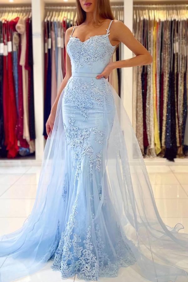 Sky Blue Lace Prom Dress Mermaid