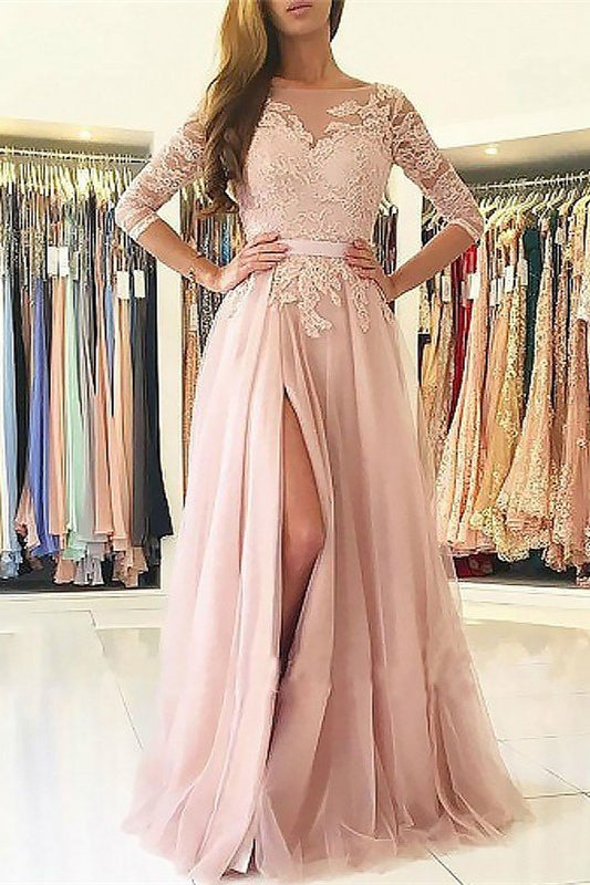 Pink Prom Dress with 3/4 Sleeves and Split