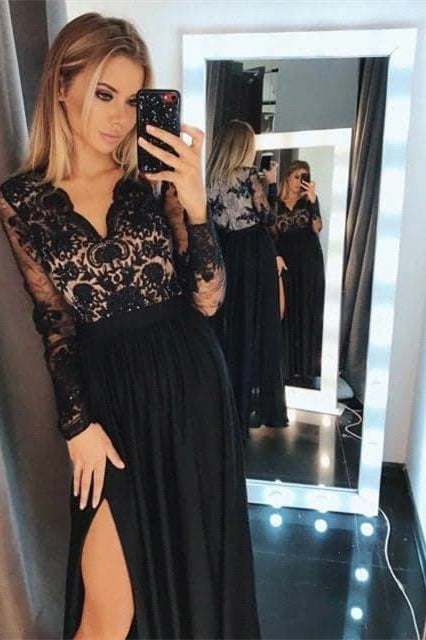 Black Prom Dress With Split Long Sleeves