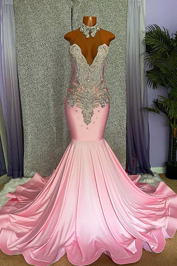 Pink Halter Appliques Rhinestone Long Evening Dress