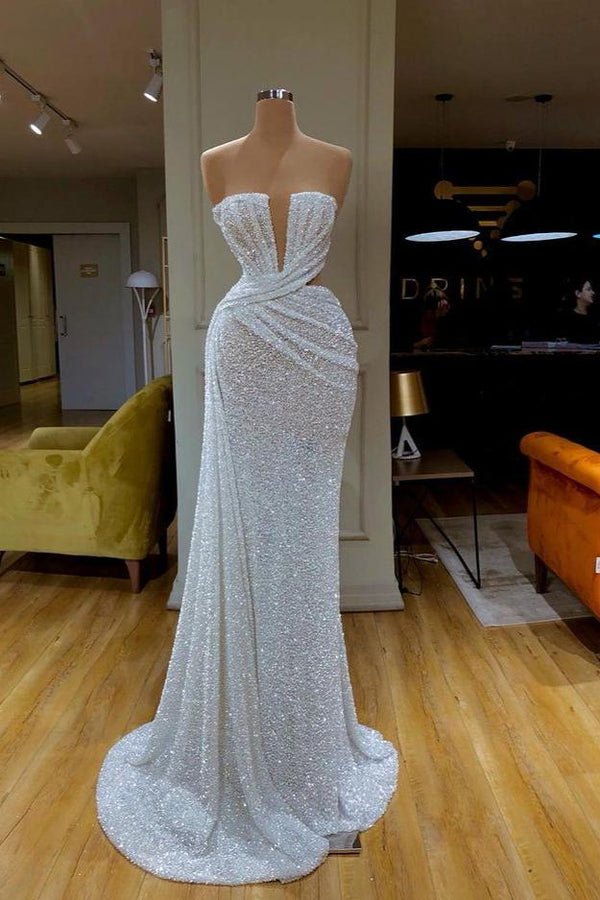 Online Gorgeous White Sequins Strapless Prom Dress