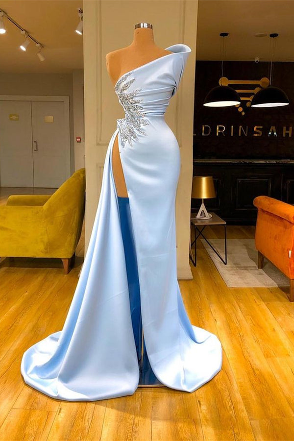 Sleeveless Sky Blue Long Mermaid Prom Dress with Beads