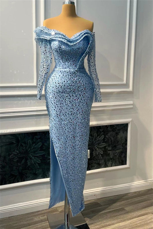 Long Sleeved Blue Mermaid Prom Dress with Sweetheart Neckline and Bead Detail Split