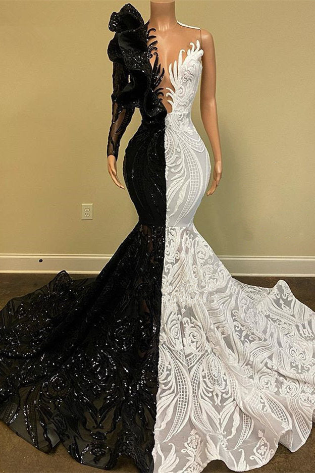 Sequins Lace Black & White Long Sleeves Mermaid Prom Dress