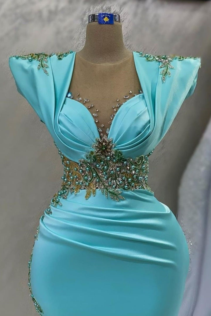 Satin Prom Dress with Emerald Sleeves Applikation Lang Mermaid