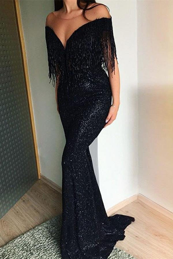 Sequined Black Mermaid Prom Dress with Tassels