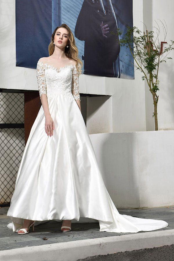 Bmbride Lace-up A-Line Applique Satin Wedding Dress