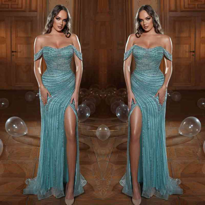 Green evening dress prom dress with charming strapless off-the-shoulder design featuring sequins and a slit.