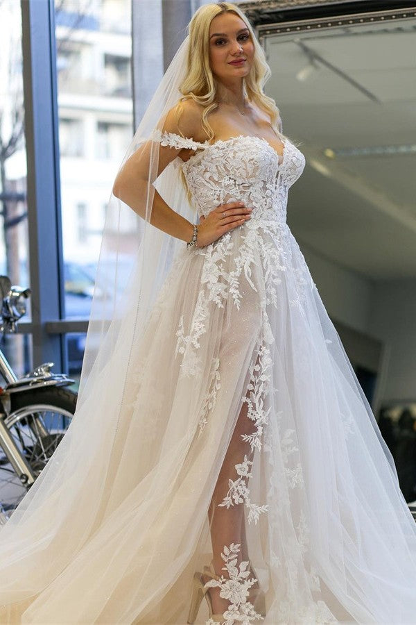 Bmbride Modern Long A-line Off the Shoulder Tulle Lace Wedding Dress with Slit