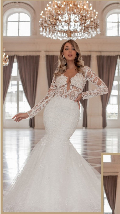 Bmbride Long Mermaid Sweetheart Tulle Lace Wedding Dresses with Sleeves