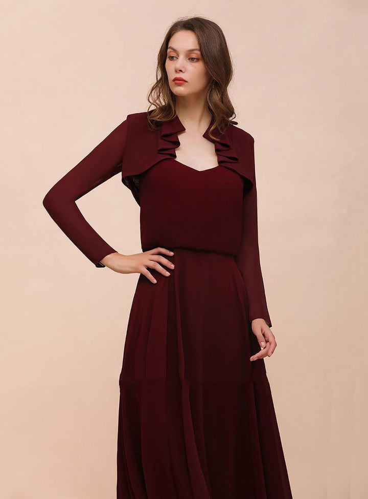 Burgundy Chiffon Ruffle Wraps with Long Sleeves-koscy