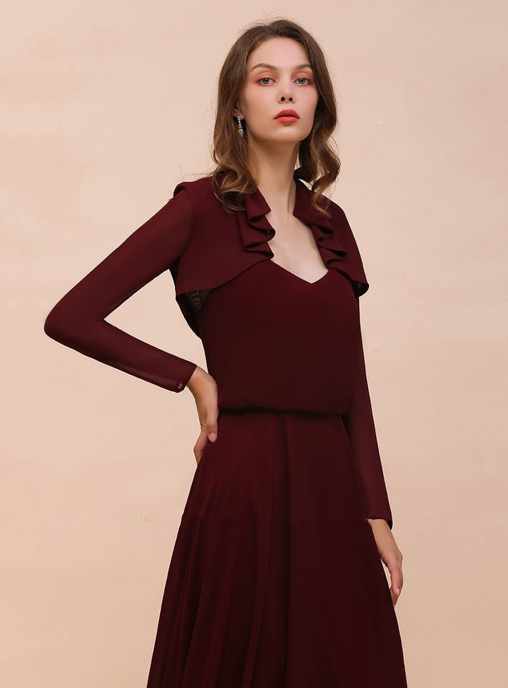 Burgundy Chiffon Ruffle Wraps with Long Sleeves-koscy