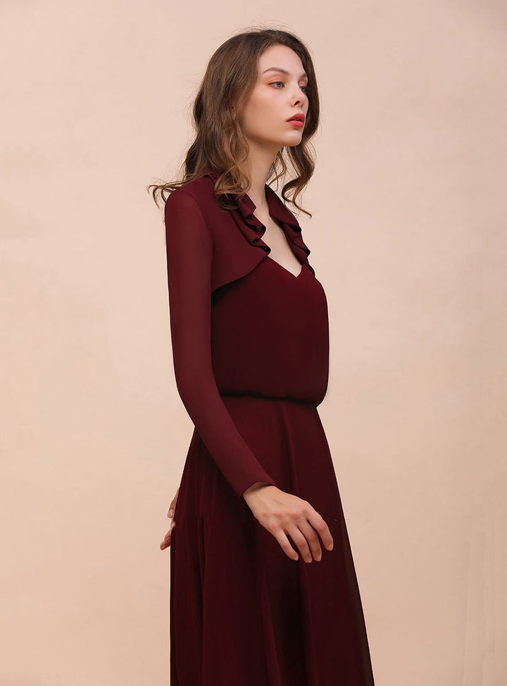 Burgundy Chiffon Ruffle Wraps with Long Sleeves-koscy