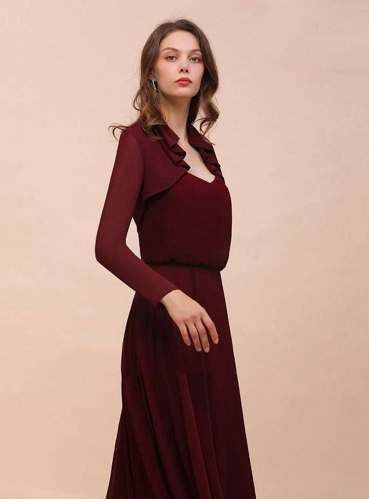 Burgundy Chiffon Ruffle Wraps with Long Sleeves-koscy