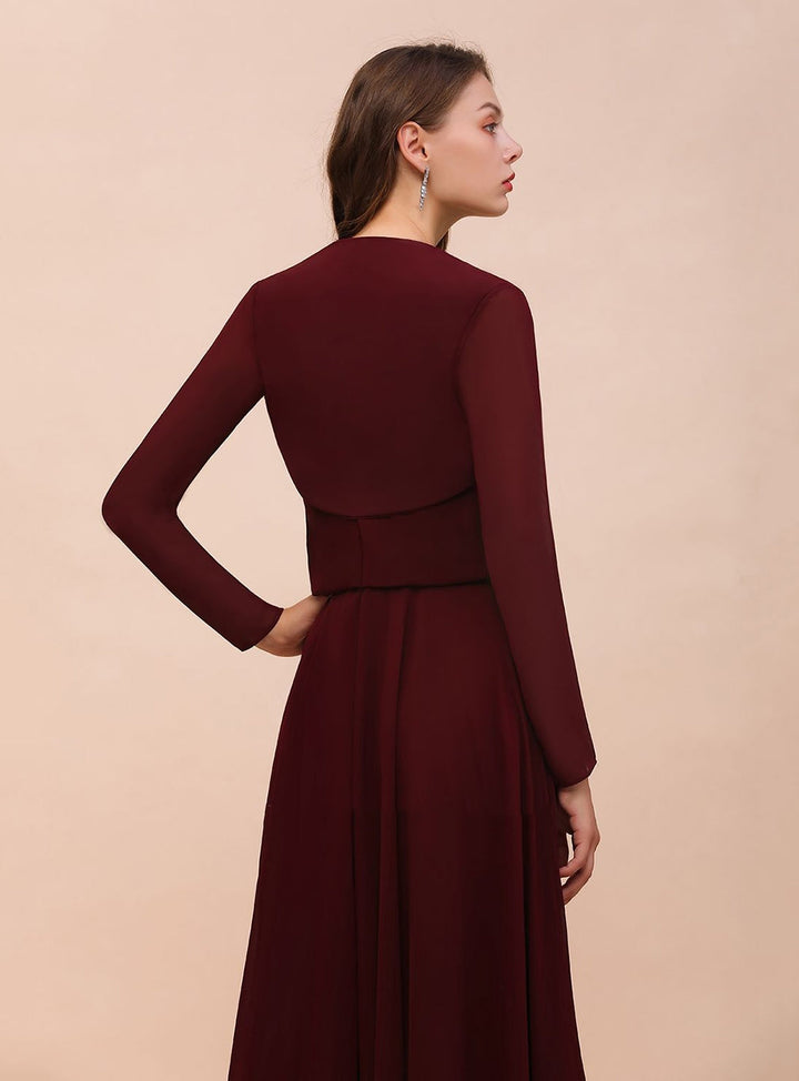 Burgundy Chiffon Ruffle Wraps with Long Sleeves-koscy