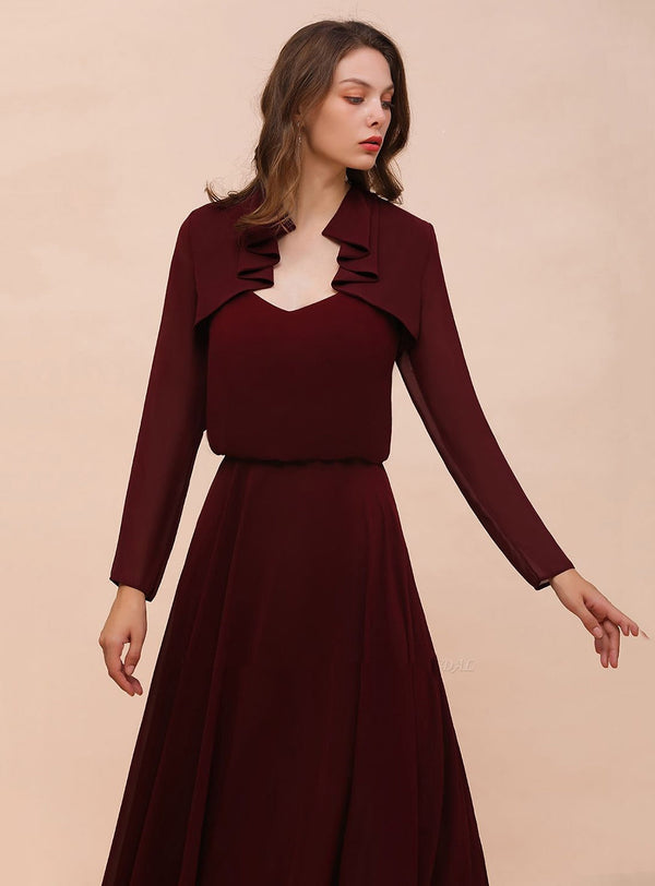 Burgundy Chiffon Ruffle Wraps with Long Sleeves-koscy