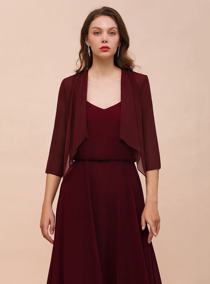 Burgundy Chiffon Special Occasion Wraps with Half Sleeves-koscy