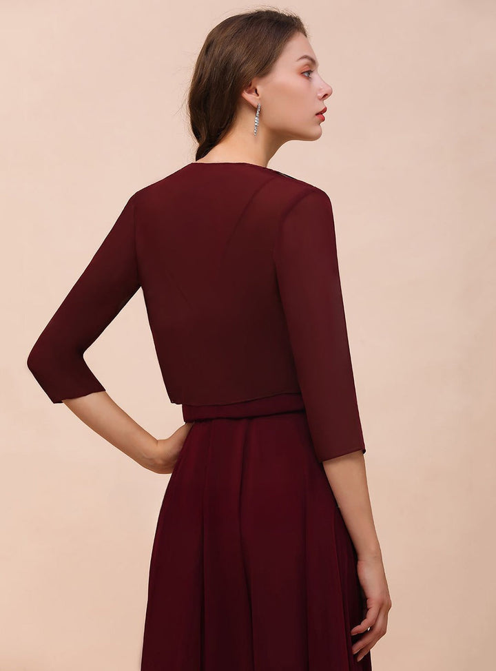 Burgundy Chiffon Special Occasion Wraps with Half Sleeves-koscy