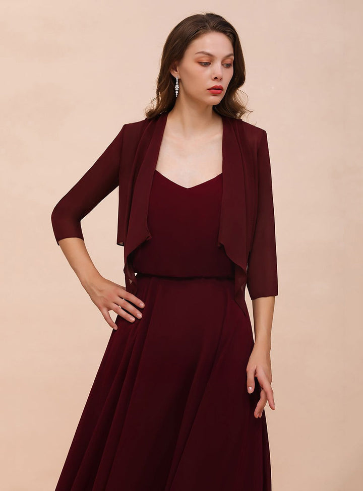 Burgundy Chiffon Special Occasion Wraps with Half Sleeves-koscy