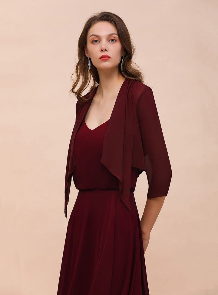 Burgundy Chiffon Special Occasion Wraps with Half Sleeves-koscy