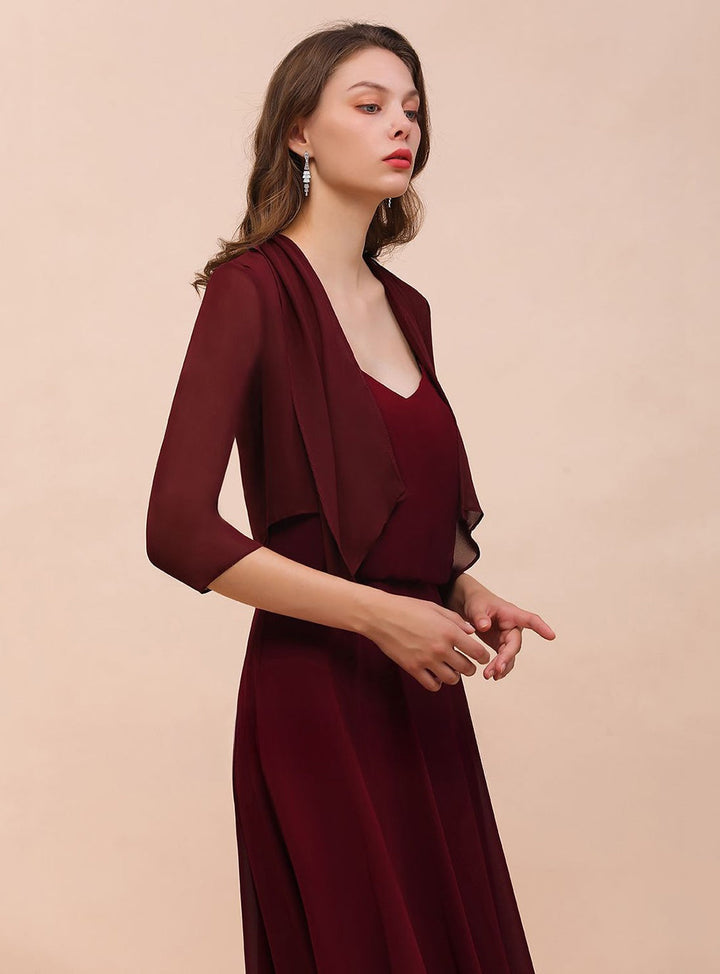 Burgundy Chiffon Special Occasion Wraps with Half Sleeves-koscy