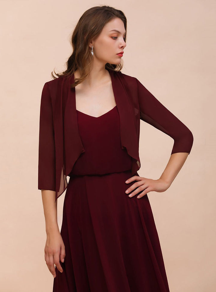 Burgundy Chiffon Special Occasion Wraps with Half Sleeves-koscy