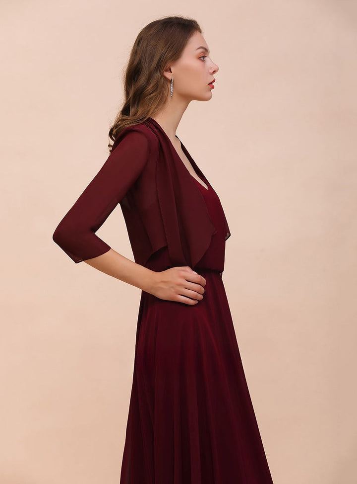 Burgundy Chiffon Special Occasion Wraps with Half Sleeves-koscy