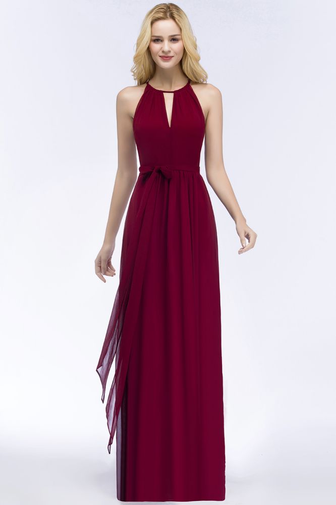 Looking for Bridesmaid Dresses in 30D Chiffon, A-line style, and Gorgeous Bow,Ribbons,Ruffles work  MISSHOW has all covered on this elegant Burgundy Halter A-line Floor Length Bridesmaid Dresses with Bow Sash.