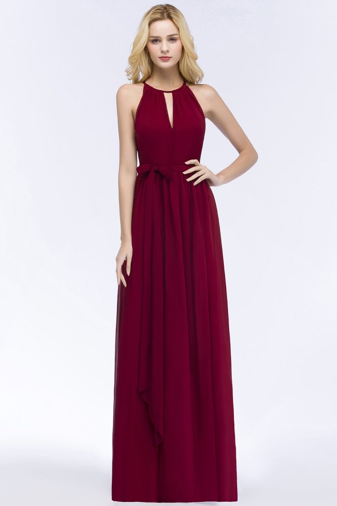 Looking for Bridesmaid Dresses in 30D Chiffon, A-line style, and Gorgeous Bow,Ribbons,Ruffles work  MISSHOW has all covered on this elegant Burgundy Halter A-line Floor Length Bridesmaid Dresses with Bow Sash.