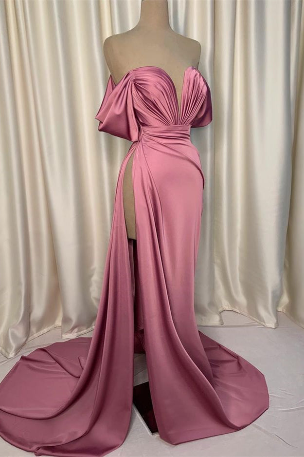 Elegant Pink Evening Dress Prom Dress Charmeuse V Neck with Pleated Slit