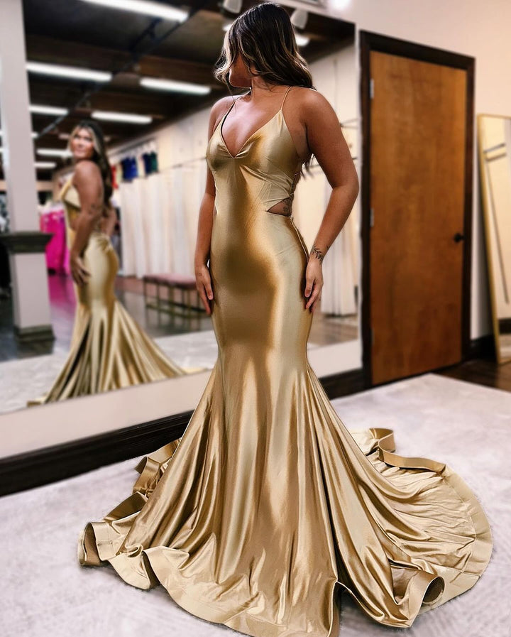 Golden Prom Dress: V Neck Mermaid Style Sleeveless and Backless