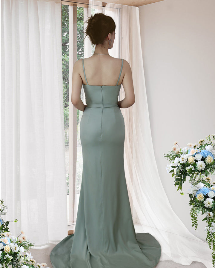 Prom Dress Seafoam Green Spaghetti Strap With Pleated Slit