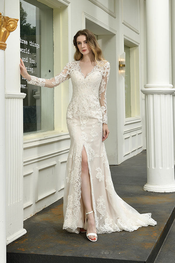 Bmbride Elegant V-Neck Long Sleeve Mermaid Bridal Gown